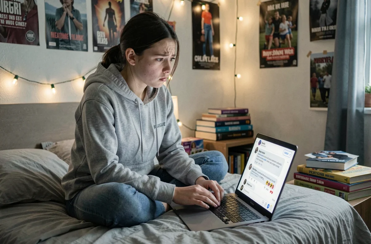 Adolescente inquiète face aux risques liés à l'utilisation de son vrai nom sur les réseaux sociaux
