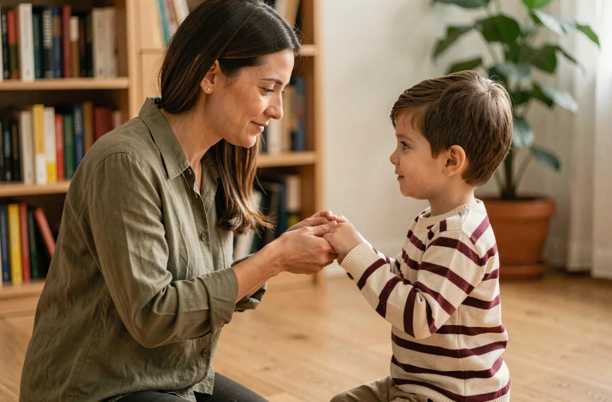 Une adulte en train de se mettre à la hauteur d'un jeune enfant pour lui parler avec bienveillance, illustrant la nécessité de protection et d'accompagnement face à la vulnérabilité infantile