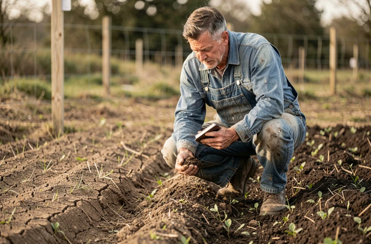 Agriculteur comparant deux types de sols représentant les différences entre agriculture intensive et extensive