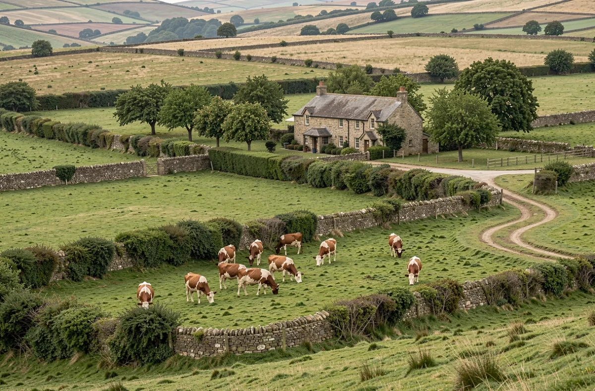 Ferme extensive avec pâturage de bovins dans un paysage bocager illustrant l'agriculture extensive traditionnelle