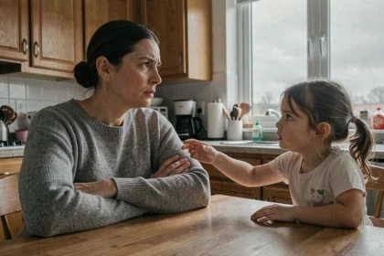 Une mère au regard froid et fermé ignore la main tendue de sa fille dans une cuisine familiale, illustrant la distance émotionnelle liée à l'aliénation parentale