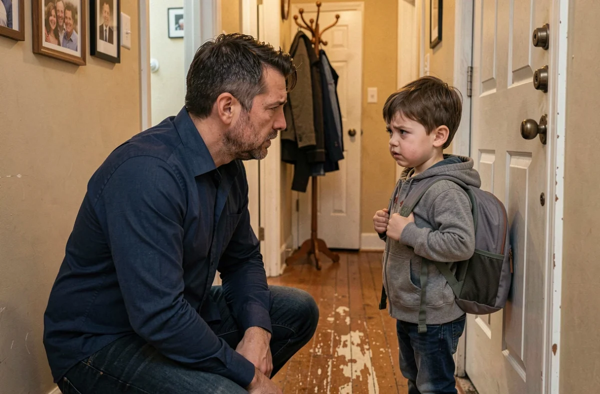 Un père agenouillé devant son jeune fils hésitant près d'une porte fermée, exprimant la tension lors d'une transition de garde dans le contexte de l'aliénation parentale