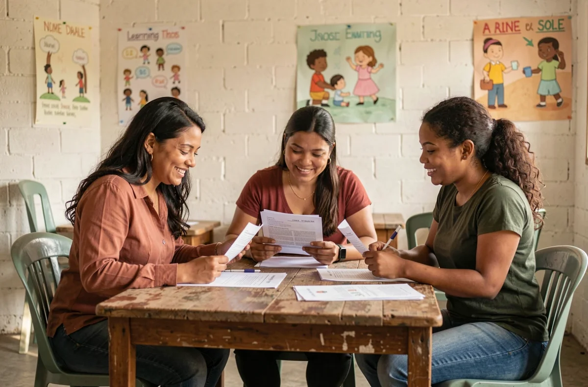 Groupe de femmes adultes participant à un programme d'alphabétisation communautaire en Amérique latine, représentant les initiatives locales contre l'analphabétisme