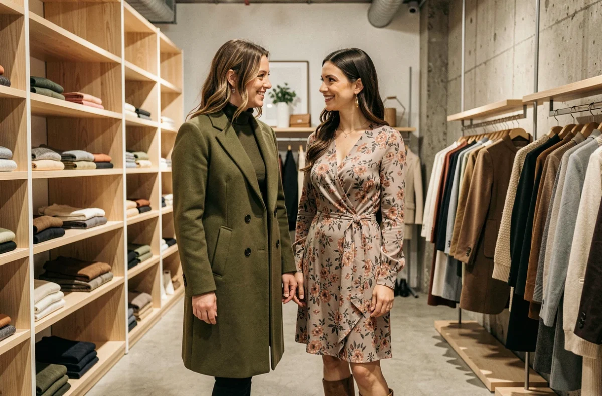 Deux femmes comparant leurs tenues dans une boutique de vêtements pour évaluer leur style personnel