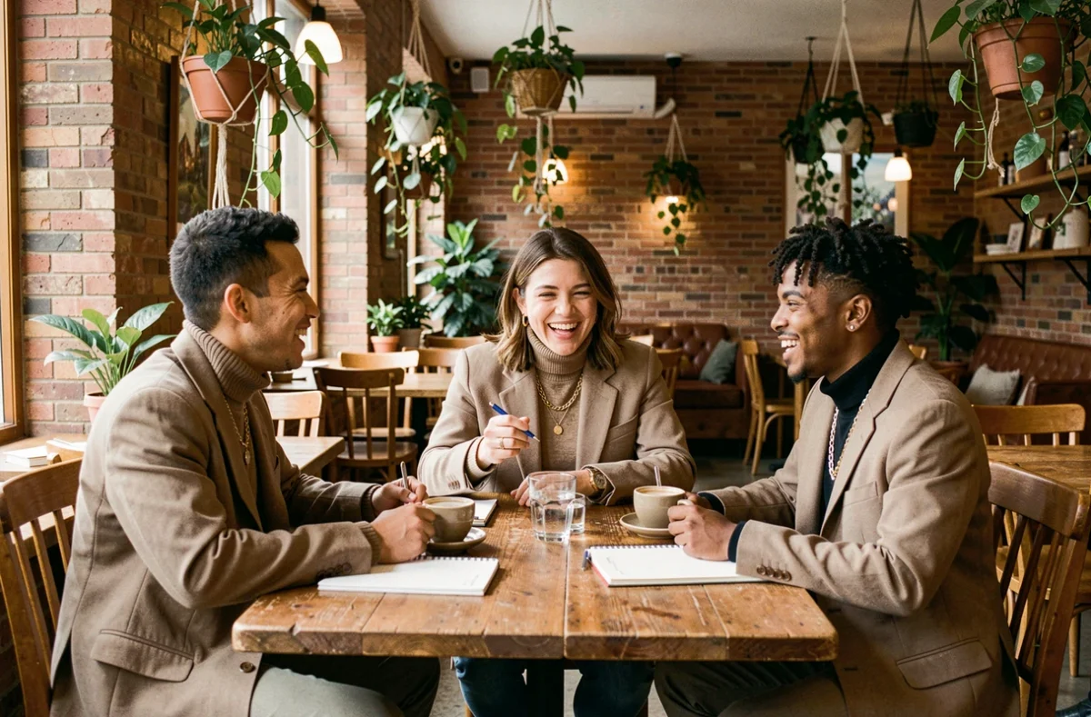 Trois amis aux styles vestimentaires neutres et inclusifs discutant joyeusement dans un café chaleureux, représentant des relations ouvertes à la non-binarité