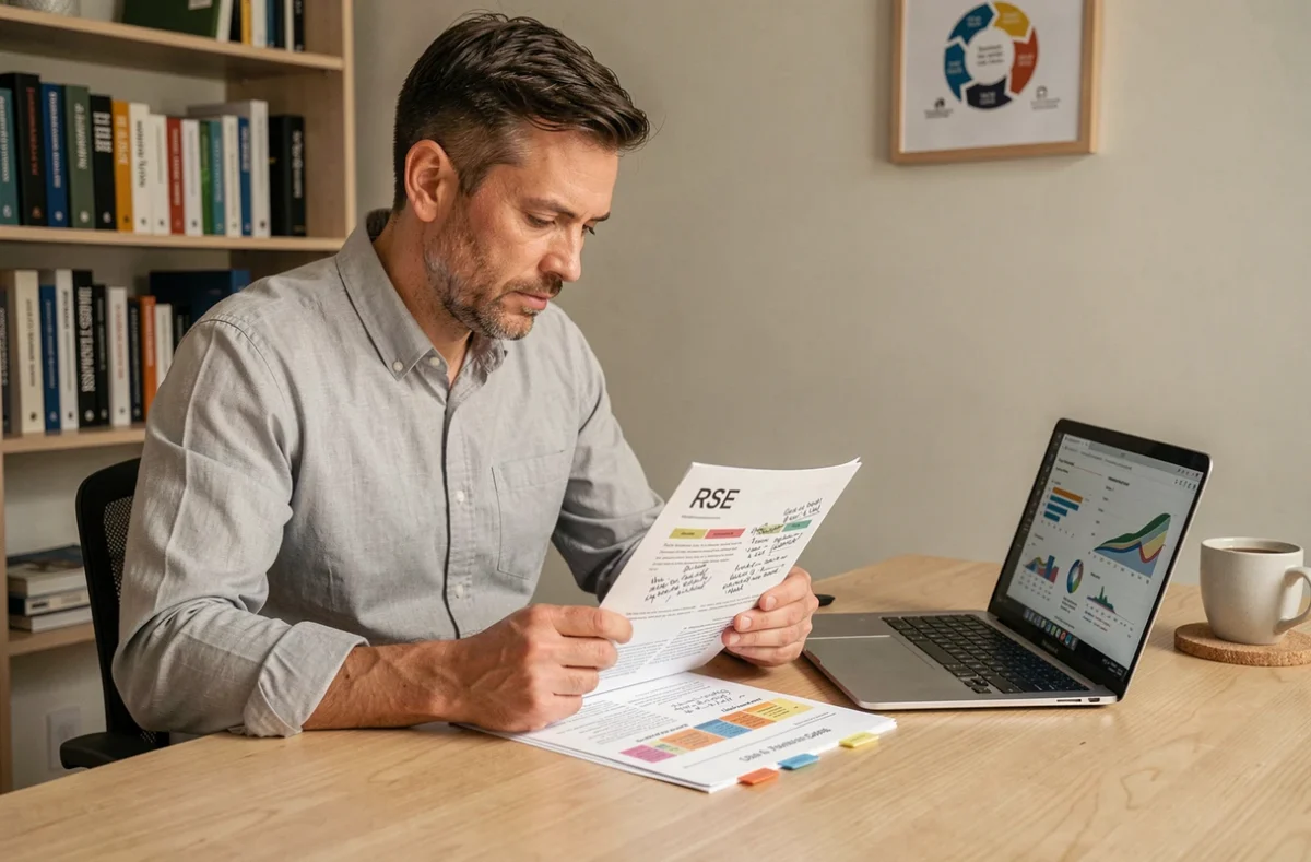 Cadre d'entreprise analysant seul un rapport de stratégie RSE annoté dans un bureau épuré et minimaliste