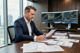 Analyste financier examinant des instruments du marché monétaire dans un bureau d'entreprise moderne