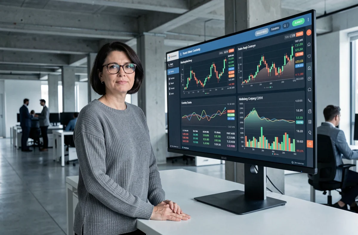 Femme analyste financière devant un écran affichant des graphiques boursiers et indices immobiliers pour gérer un portefeuille en stagflation
