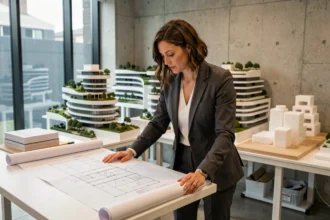 Architecte femme examinant des plans de bâtiments futuristes dans un studio de conception moderne en 2026