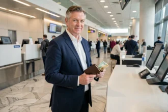Homme tenant des billets de banque en euros à un comptoir d'enregistrement d'aéroport international