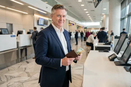 Homme tenant des billets de banque en euros à un comptoir d'enregistrement d'aéroport international