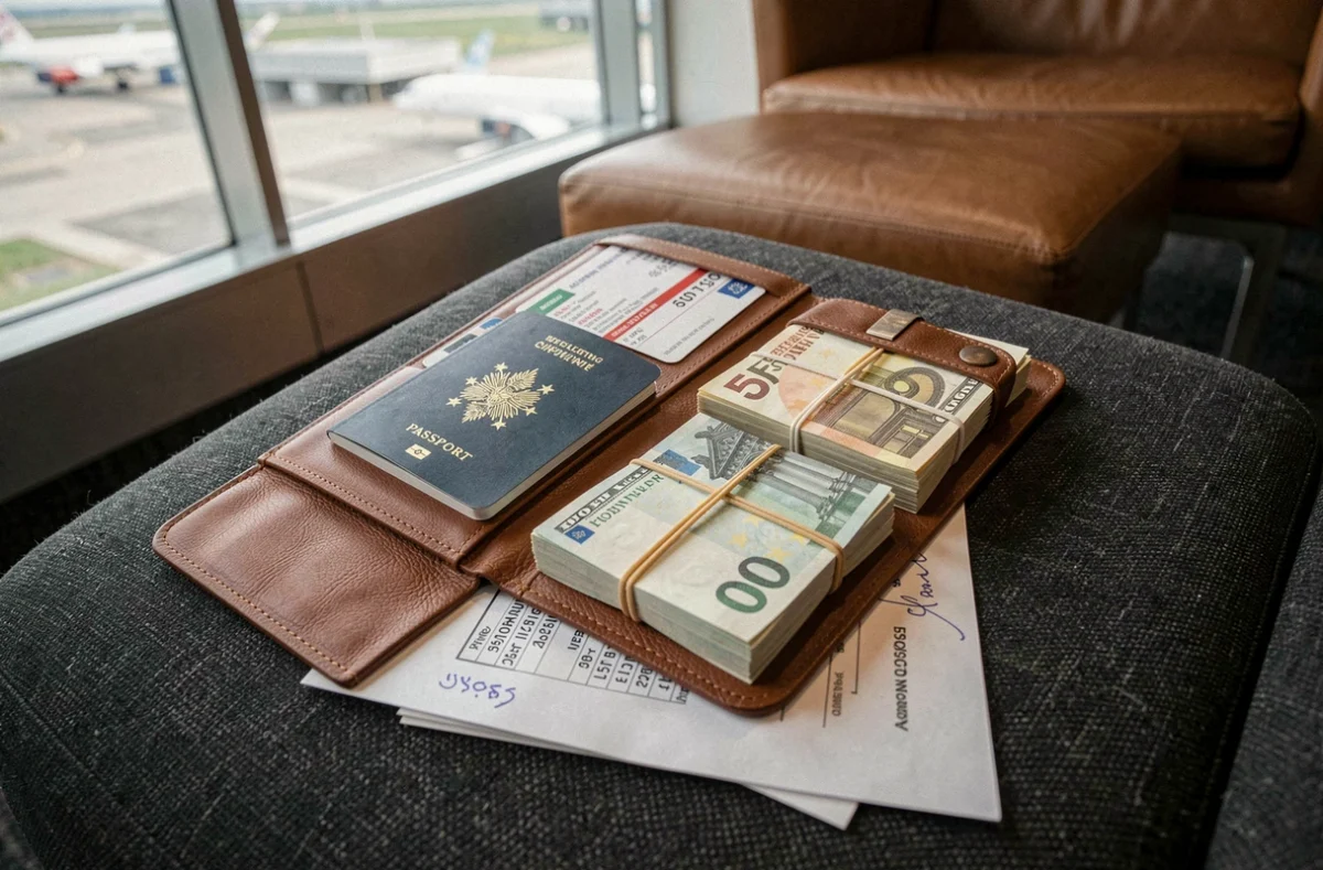 Organisateur de voyage ouvert avec passeport, carte d'embarquement et billets de banque sur un siège de salon d'aéroport