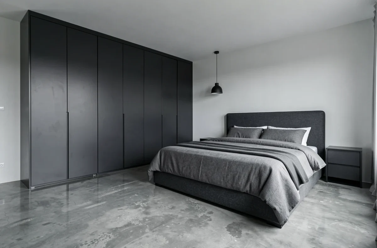 Grande armoire coulissante anthracite sur toute la longueur d'un mur dans une chambre contemporaine spacieuse