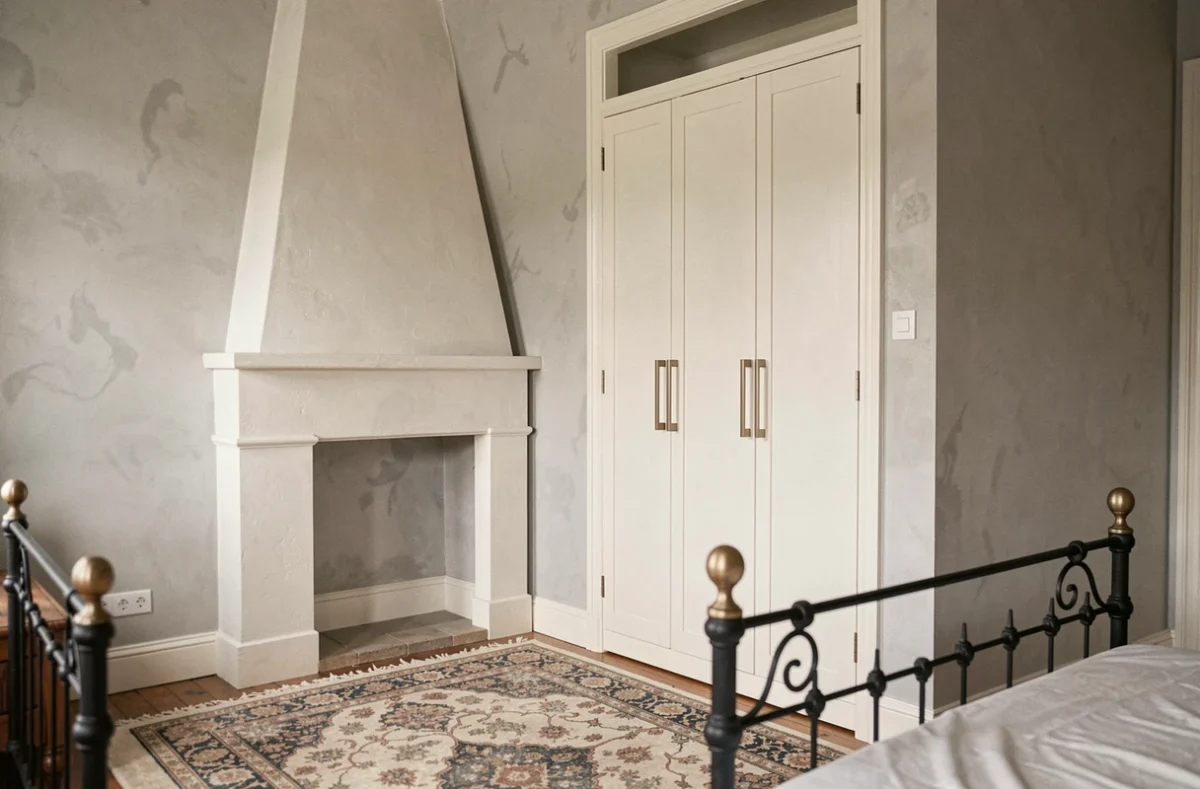 Armoire blanche intégrée dans une alcôve à côté d'une cheminée dans une petite chambre parisienne