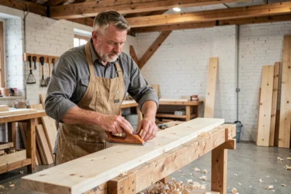 Artisan scandinave ponçant une planche de bouleau dans un atelier nordique aux murs blanchis à la chaux