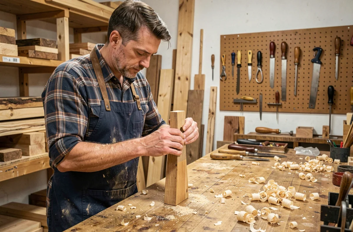 Artisan indépendant inspectant son travail dans un atelier de menuiserie solo