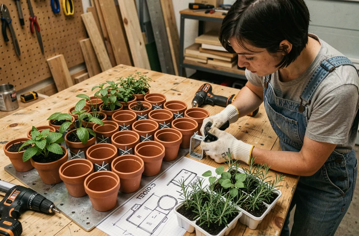Femme assemblant un panneau de mur végétal modulaire avec des herbes aromatiques sur un établi en bois