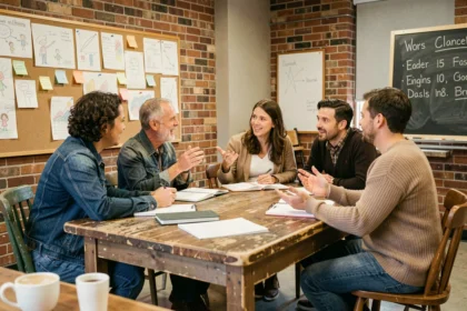 Groupe d'adultes en discussion participative autour d'une table dans un centre communautaire, atelier d'éducation populaire