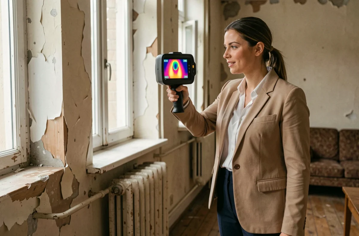 Auditrice énergétique effectuant un diagnostic thermique avec une caméra infrarouge dans un appartement ancien