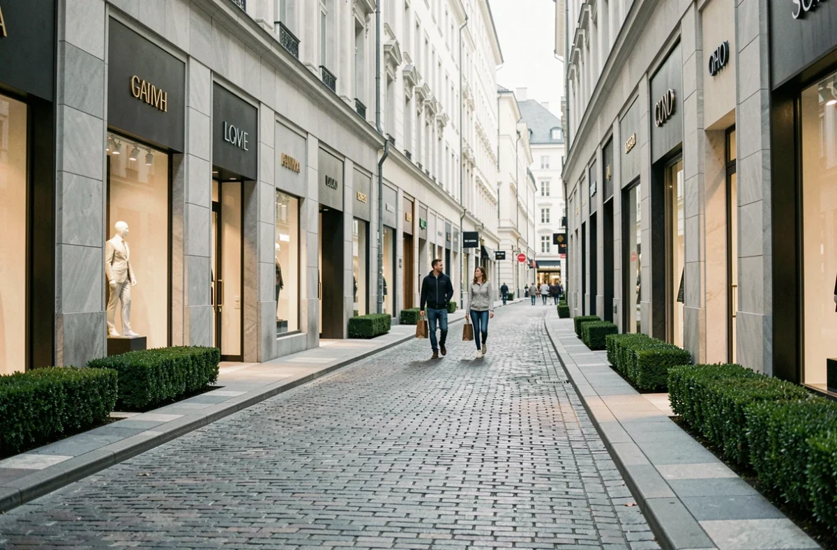 Avenue commerçante de luxe quasi déserte avec de rares passants, illustrant le ralentissement du marché des produits de luxe