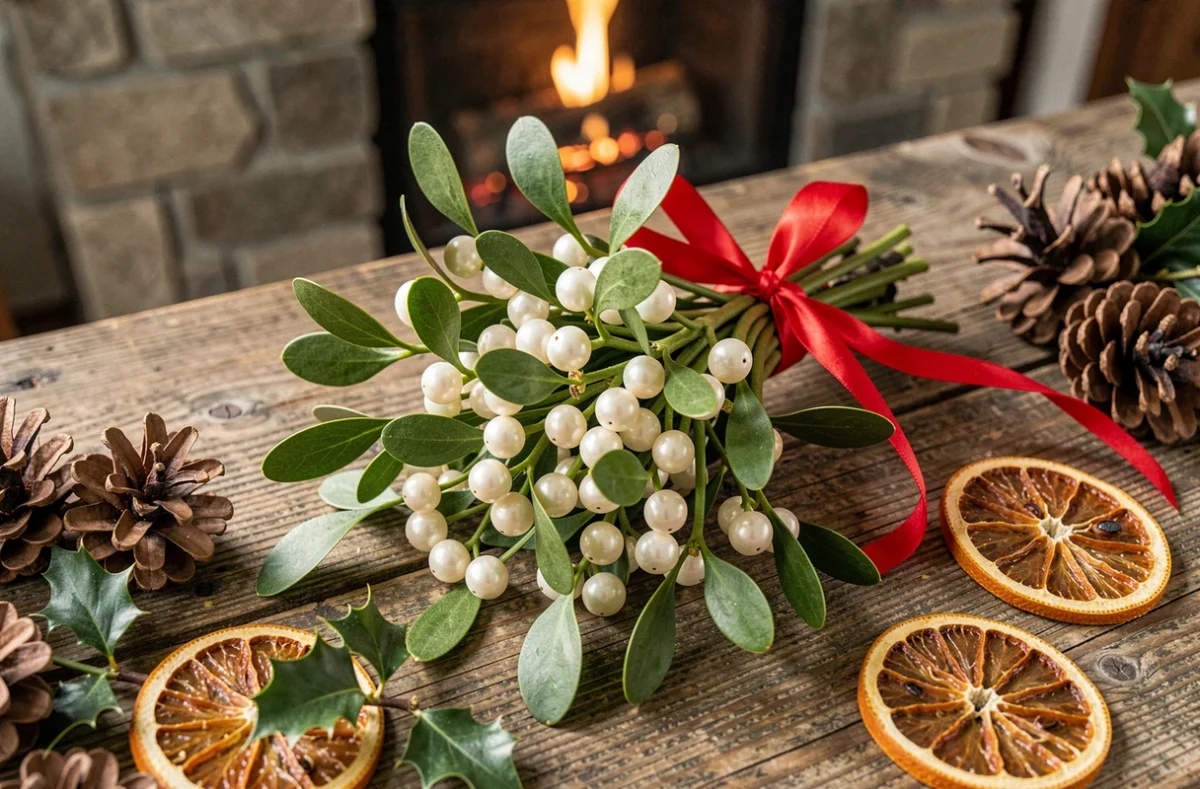 Bouquet de gui frais avec baies blanches et ruban rouge posé sur une cheminée décorée de pommes de pin pour les fêtes