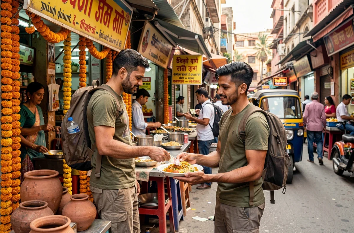Voyageur backpacker payant de la street food avec des roupies dans un marché coloré de Jaipur en Inde