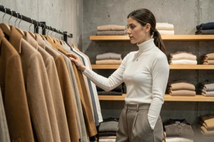 Femme contemplant des vêtements dans une boutique de mode minimaliste, illustrant le sens et le but de la mode