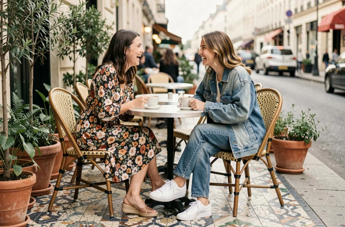 Deux femmes aux styles vestimentaires contrastés partagent un moment en terrasse de café à Paris, illustrant la mode comme expression de soi