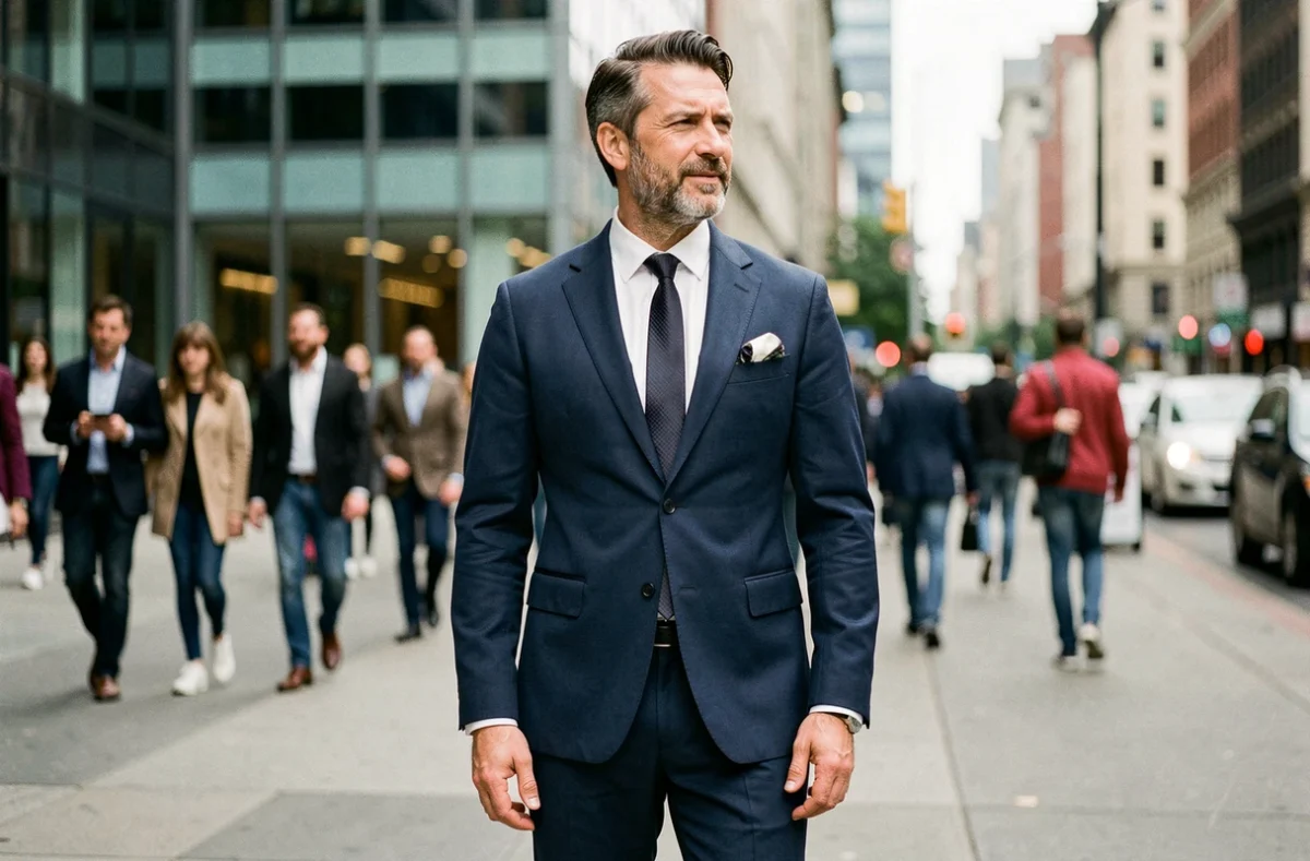 Homme élégant en costume bleu marine dans une rue animée lors d'une fashion week, représentant l'expression identitaire de la mode