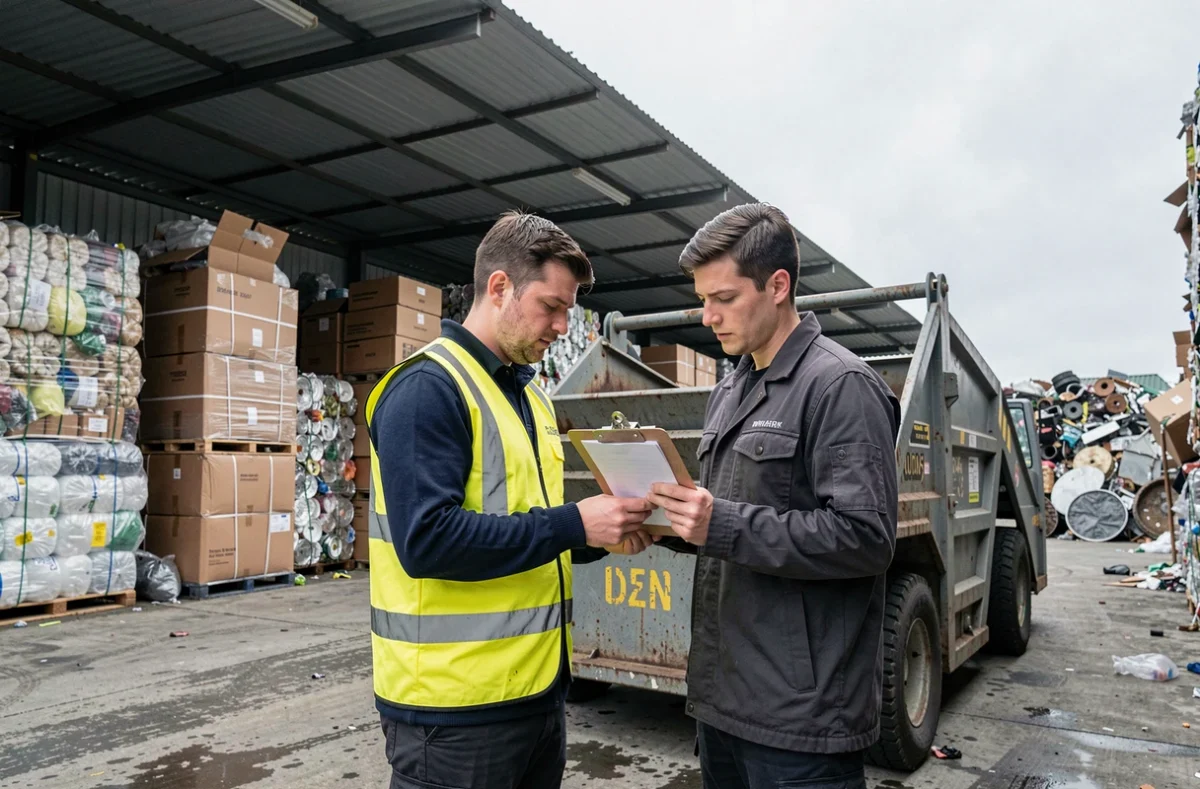 Deux travailleurs dans un centre de tri industriel examinant des données sur des balles de matières recyclées