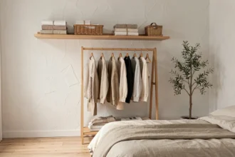 Chambre sans placard aménagée avec un portant en bois et des étagères flottantes pour ranger les vêtements
