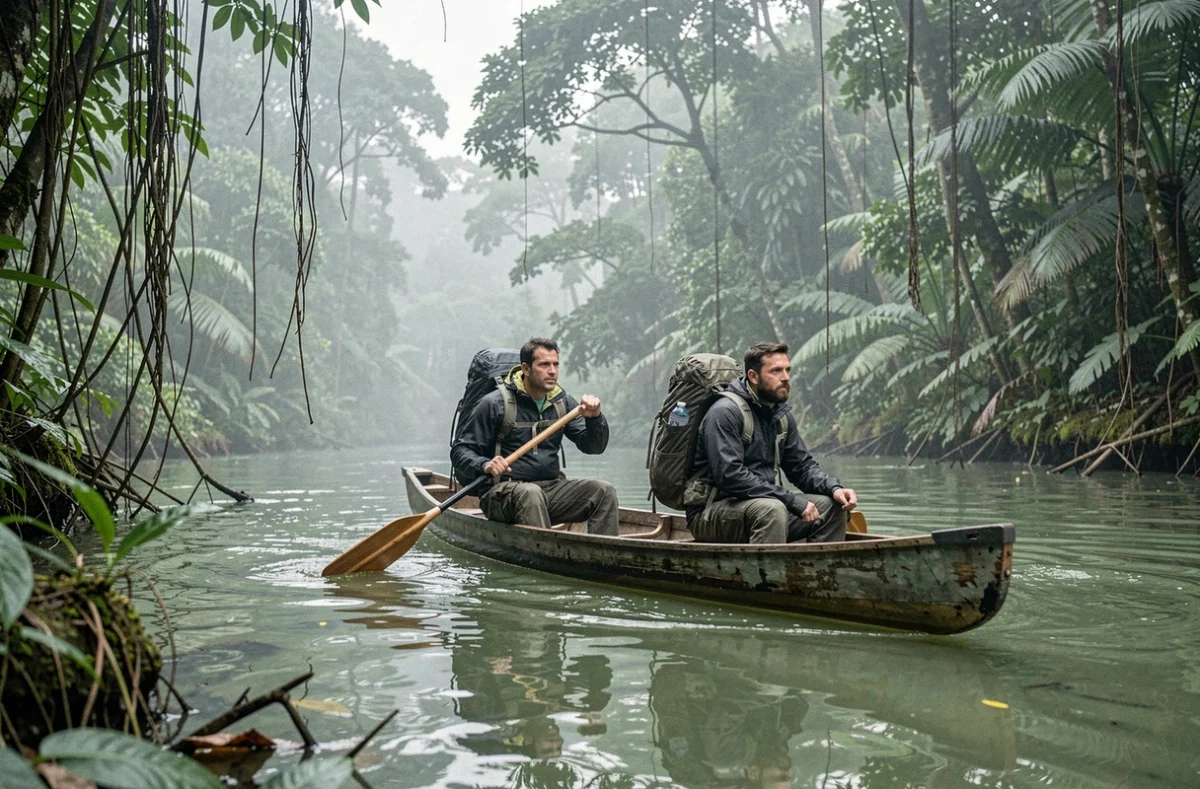 Deux aventuriers en canoë sur une rivière tropicale, représentant l'esprit d'exploration et le champ lexical de l'aventure