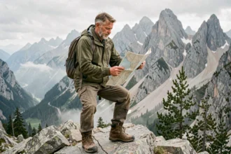 Randonneur étudiant une carte topographique sur une crête montagneuse, symbolisant l'aventure et l'exploration