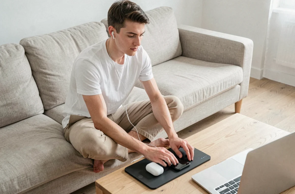 Jeune adulte rechargeant sans fil un smartphone et des écouteurs sur un tapis de charge multi-appareils dans un salon scandinave