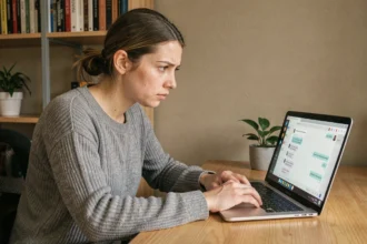 Femme utilisant ChatGPT sur un ordinateur portable dans un bureau à domicile, l'air préoccupée par la confidentialité de ses données