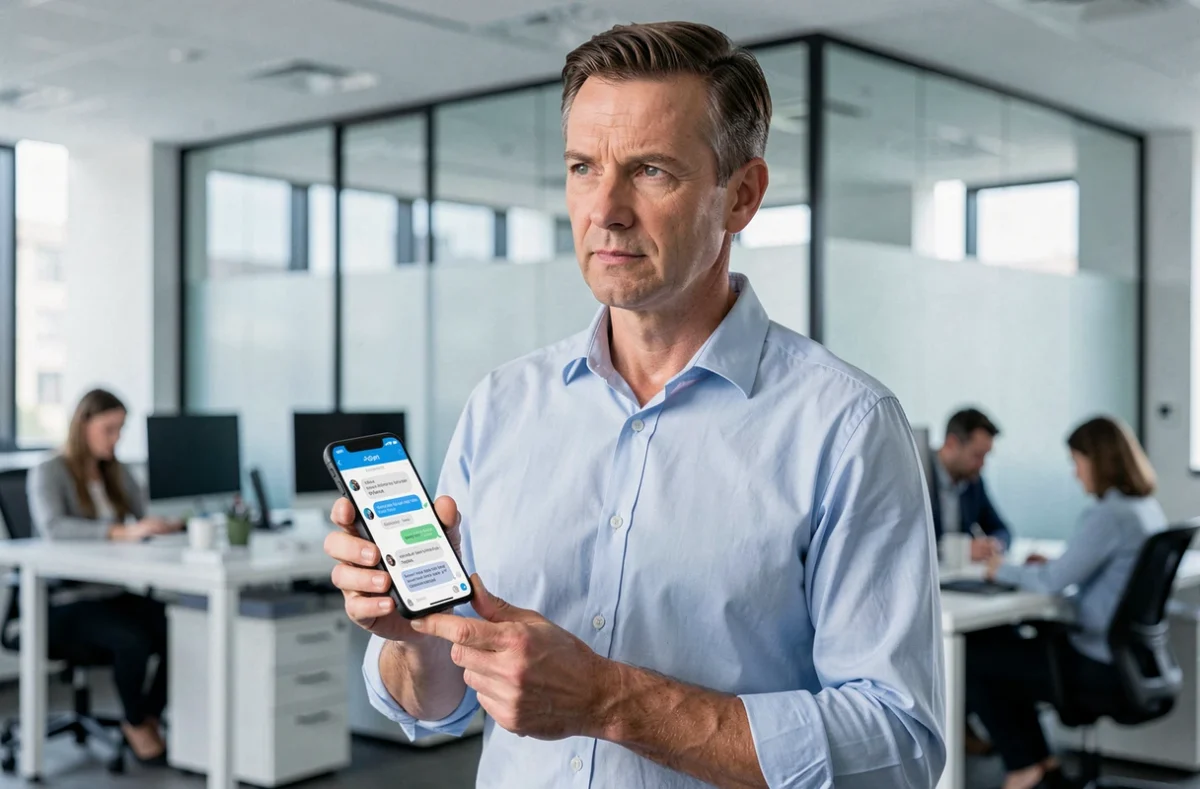 Homme en bureau professionnel consultant ChatGPT sur smartphone, illustrant les questions de confidentialité et d'enregistrement des données
