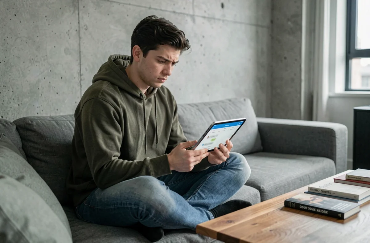 Jeune adulte sur un canapé consultant l'historique de conversation ChatGPT sur tablette, avec une expression interrogative sur la confidentialité des données