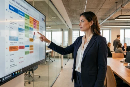 Chef de projet femme en réunion devant un tableau de planification numérique dans un bureau moderne