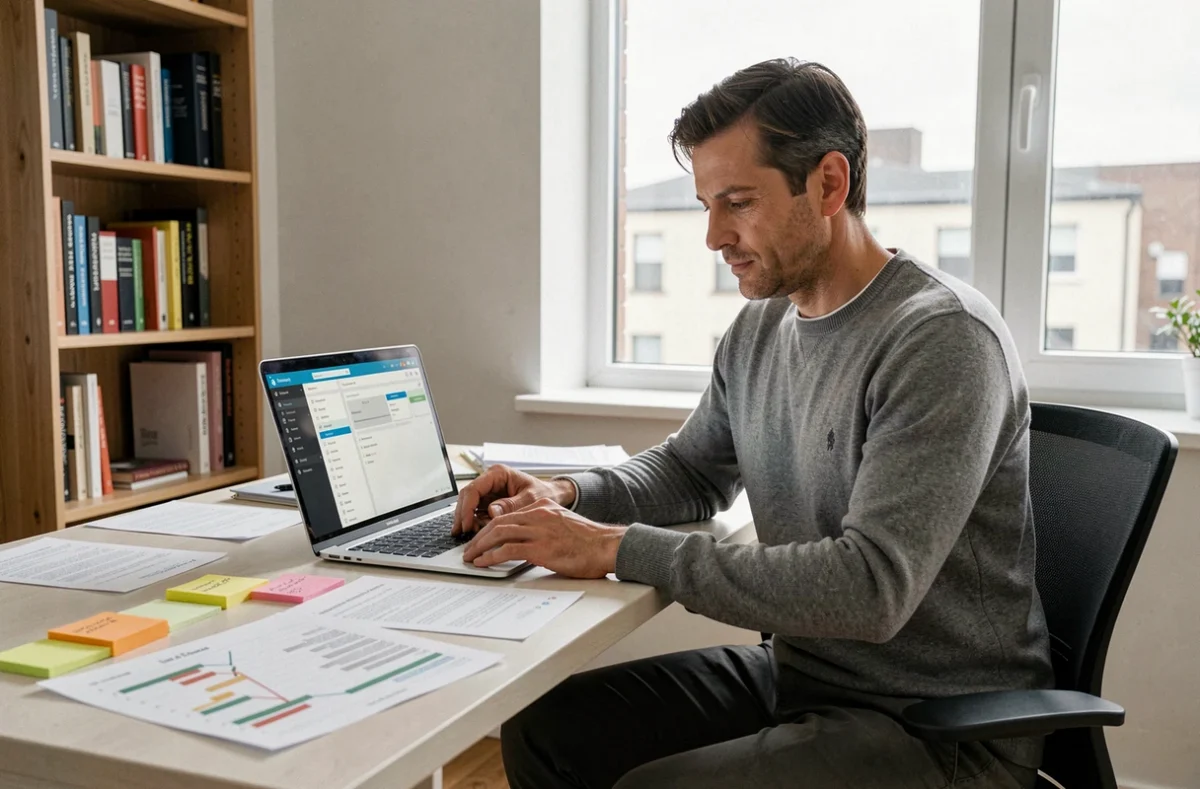 Chef de projet homme travaillant sur un tableau de bord de gestion de projet depuis son bureau à domicile