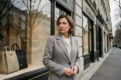 Femme hésitante devant une boutique de luxe vide à Paris, symbolisant la chute des ventes dans le secteur du luxe
