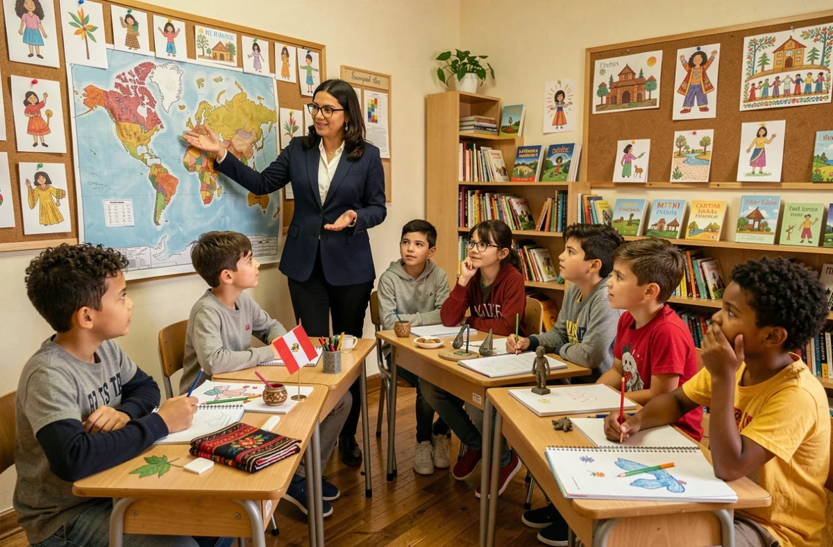 Enseignante et élèves d'origines diverses dans une salle de classe représentant la diversité culturelle