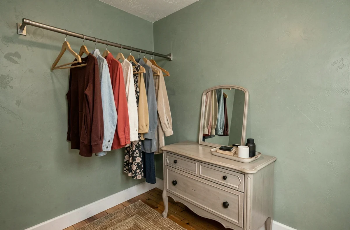 Coin dressing créé avec une tringle à tension entre deux murs et une commode vintage dans une petite chambre sans placard