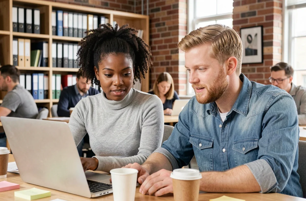 Deux collègues de cultures différentes collaborant ensemble sur un projet au bureau