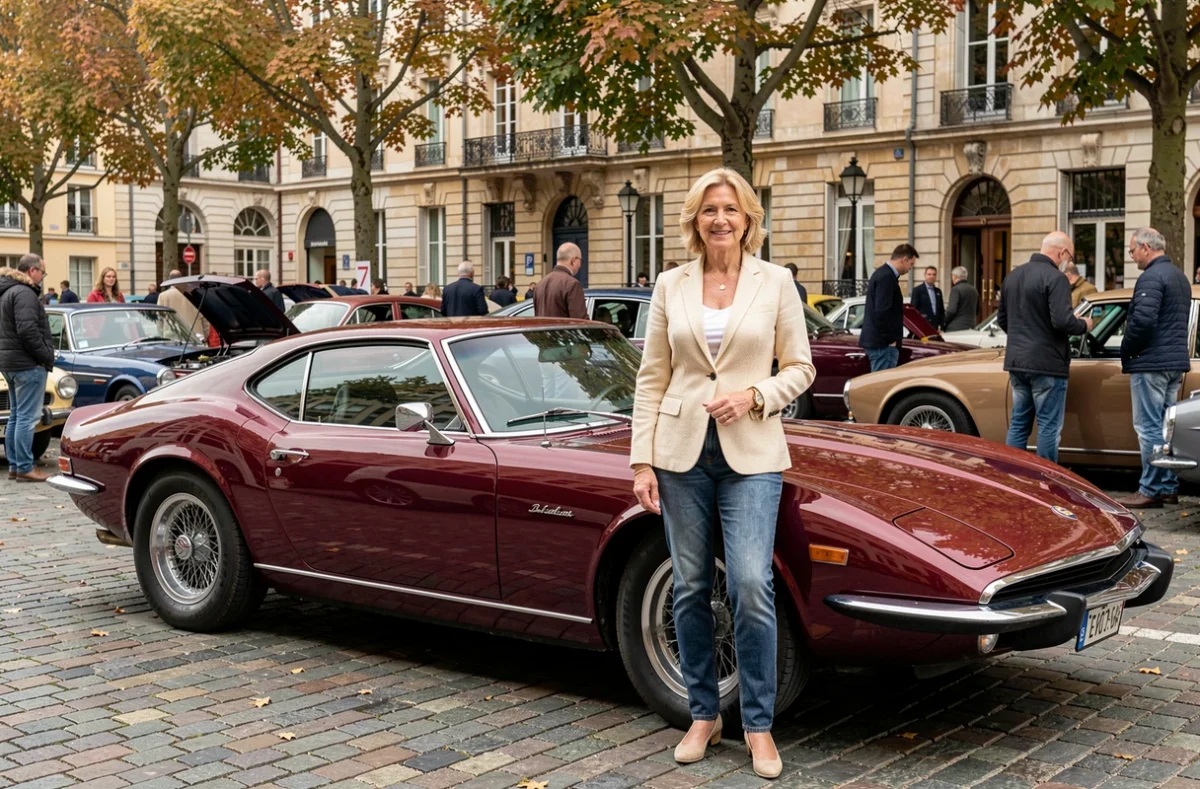 Femme collectionneuse posant fièrement à côté d'une voiture de sport ancienne lors d'un rassemblement de véhicules de collection en ville
