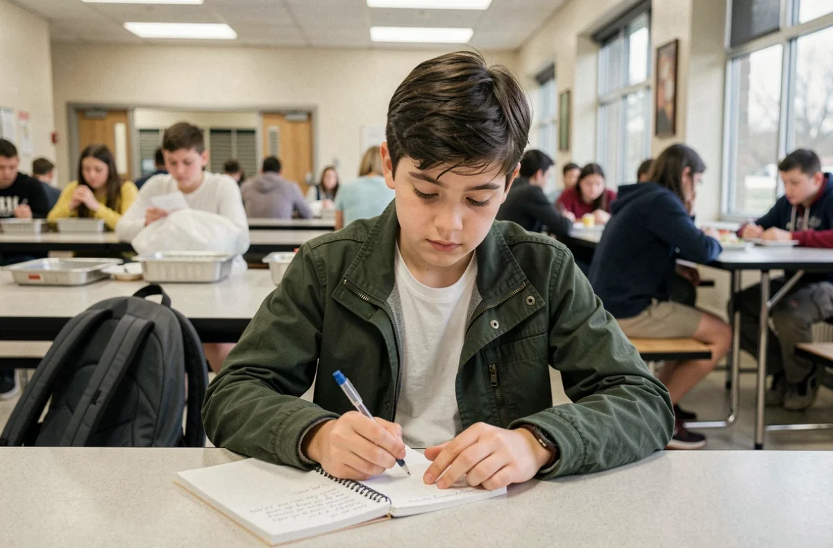 Collégien en 4e relisant ses notes manuscrites dans la cafétéria de son collège pendant une pause entre les cours