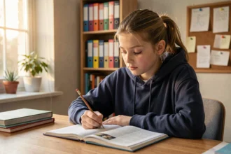 Collégienne en 4e qui révise ses cours dans sa chambre avec des cahiers et manuels scolaires ouverts sur son bureau en bois