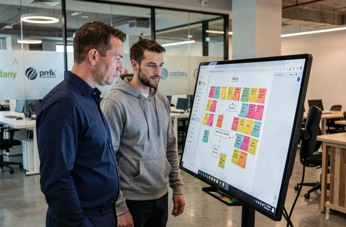 Deux collègues masculins utilisant une application de tableau blanc collaboratif sur une tablette dans un espace de coworking moderne