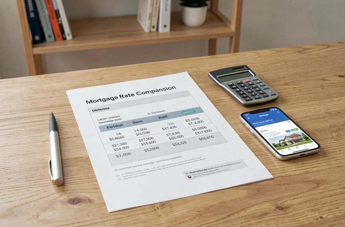 Tableau comparatif des taux hypothécaires en France posé sur un bureau avec stylo et calculatrice