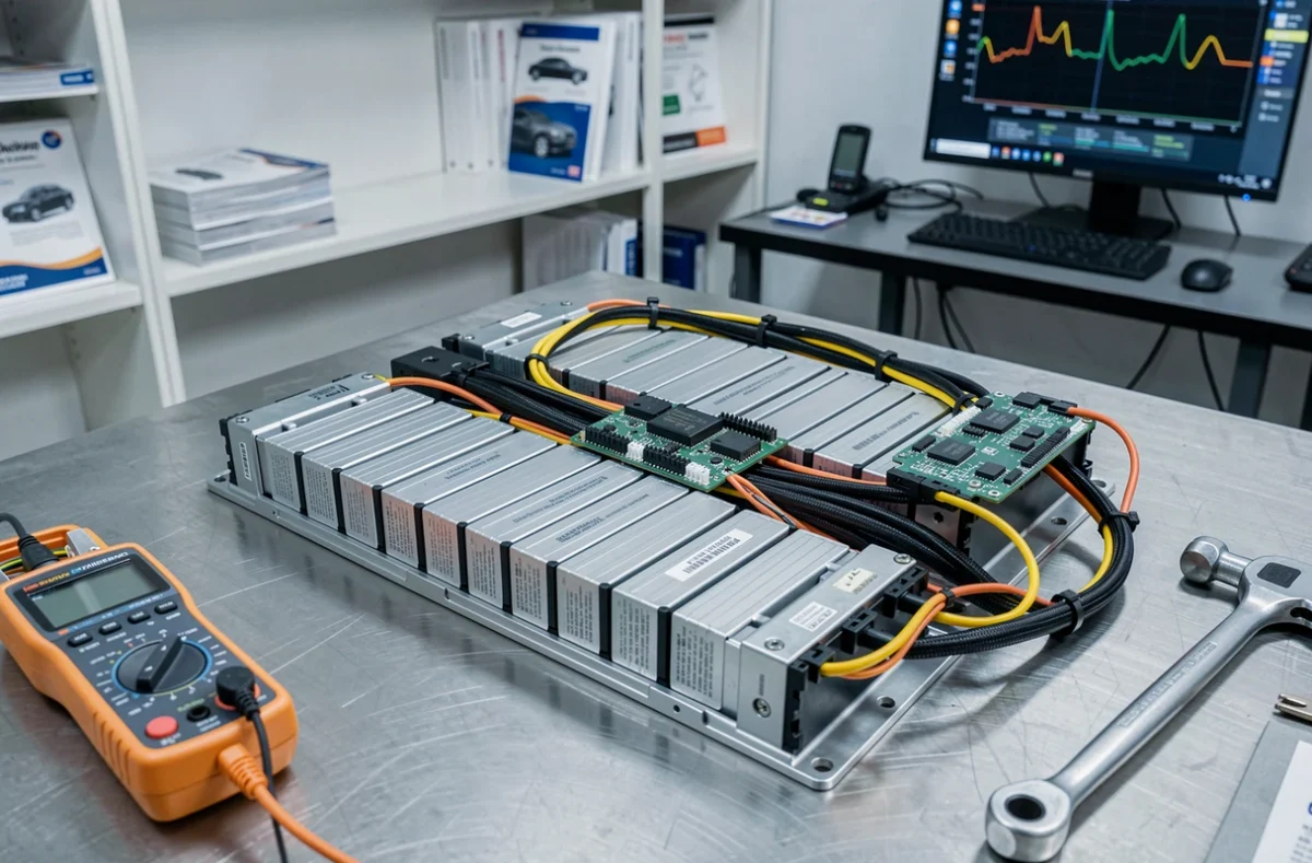Gros plan sur les composants d'une batterie de voiture hybride démontée sur un établi de laboratoire automobile