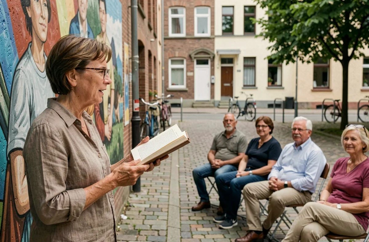 Femme animatrice tenant un livre lors d'une conférence en plein air dans un quartier urbain, illustration de l'éducation populaire